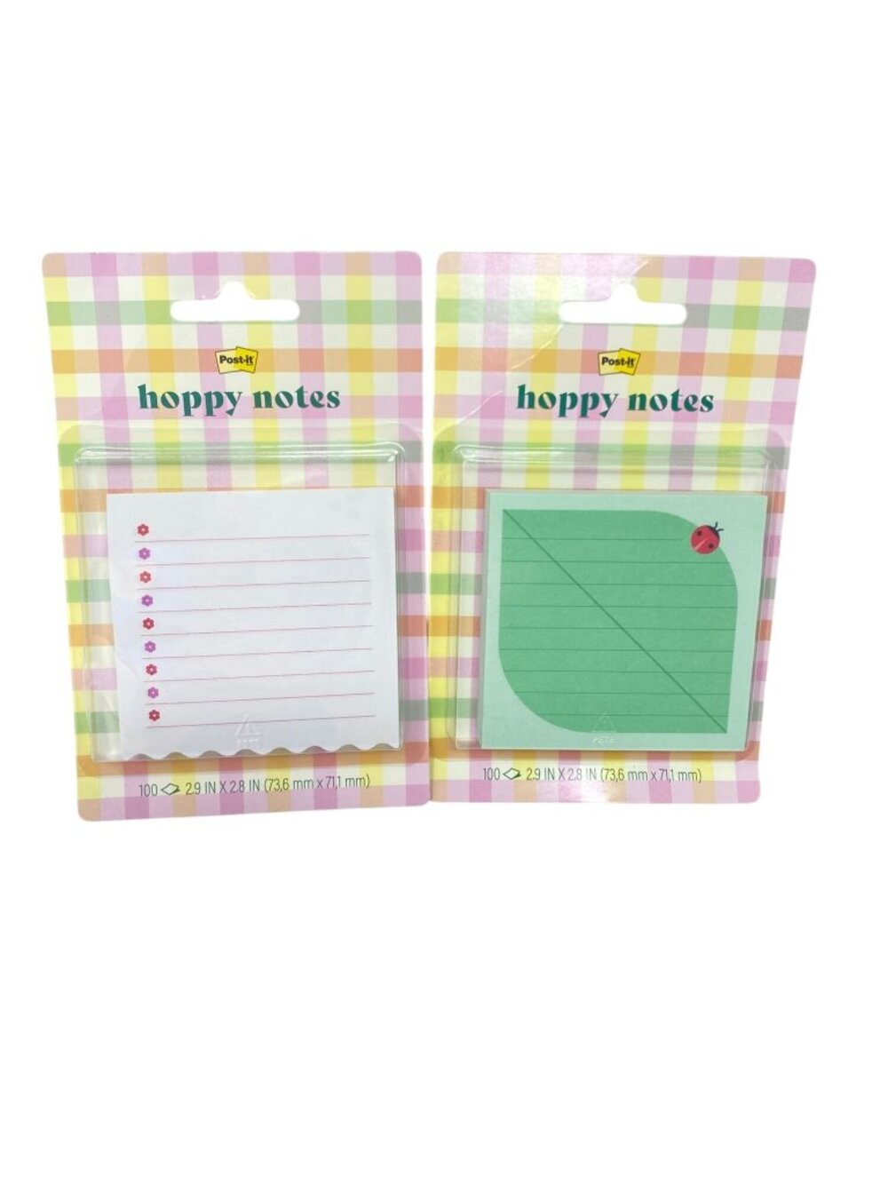 Post-it 2 Pk Hoppy Notes Green Leaf/Ladybug Square & Pink Flower Bullet List